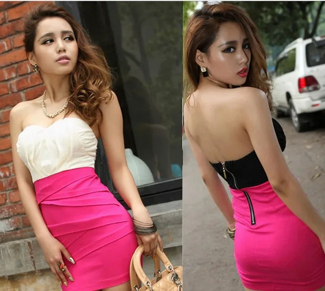 NEW FASHION WOMEN CHIFFON PATCHWORK LOW-CUT SEXY SLIM STRAPLESS DRESS | Женская одежда