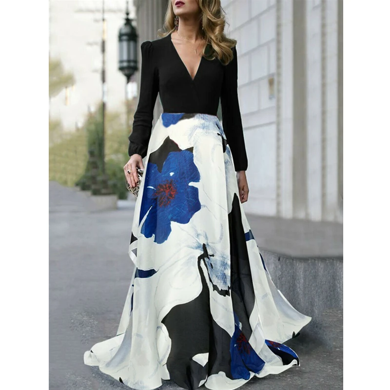 

New Women Formal Party Floral Maxi Dress Autumn Long Sleeve Fit Flare Ruffle Dressses Shein Vestidos Lady Elegant Retro Dresses