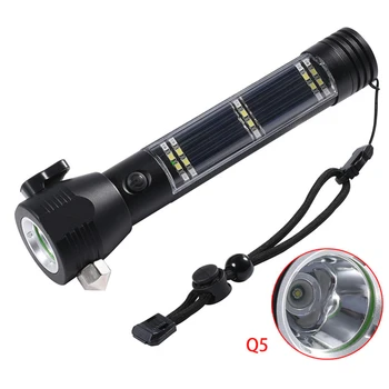 

USB Rechargeable Flashlight Solar Outdoor Camping LED Flashlight Emergency Window Break Safety Flashlight