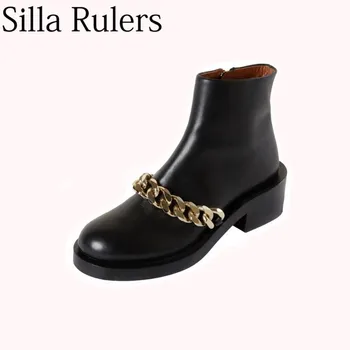 

Silla Rulers Fashion Genuine Leather Ankle Boots Low Heel Med Chain Martin Boots Women Round Toe Side Zipper Women's Boots