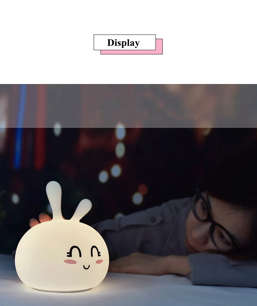 SuperNight Cartoon Rabbit LED Night Light Cute Bunny Colorful Silicone USB Children Kids Baby Bedroom Bedside Table Lamp Gift (14)
