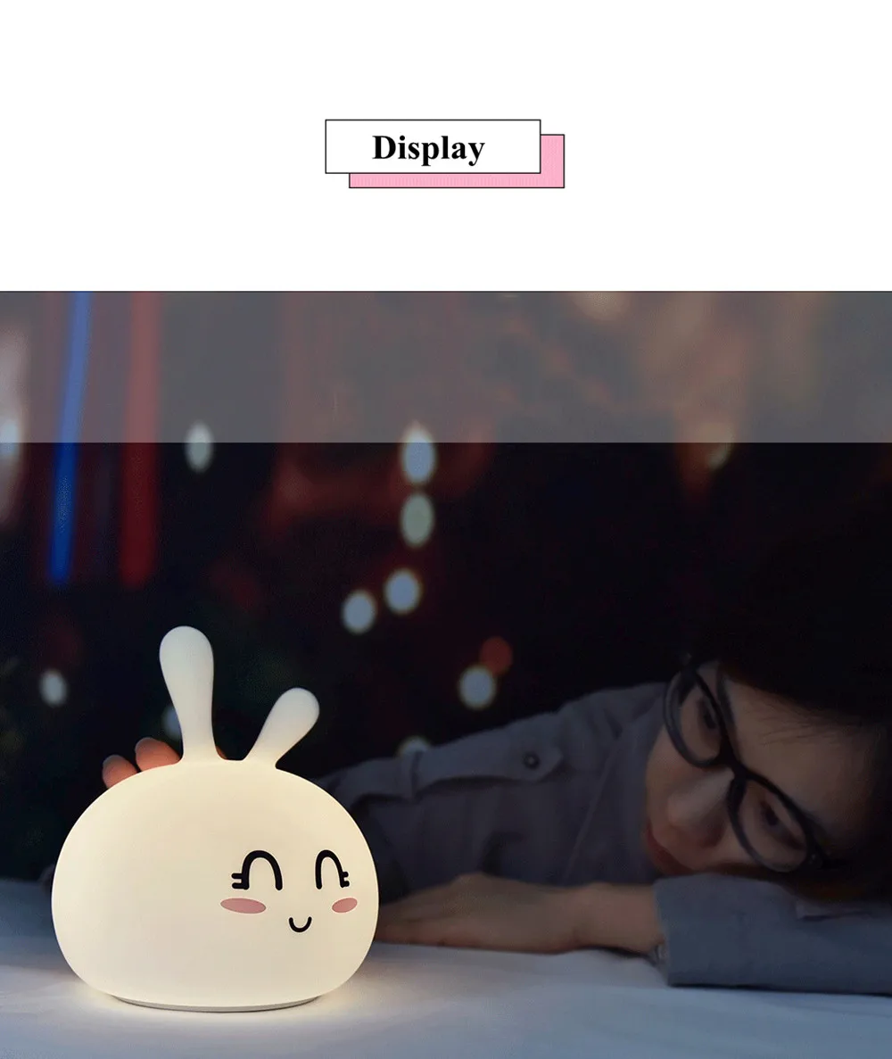 Светодиодный светильник в виде кролика с сенсорным датчиком, цветная USB перезаряжаемая силиконовая лампа в форме кролика, прикроватная лампа для спальни, подарок для детей