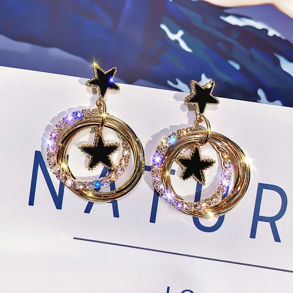 

Fashion Rhinestone Big Circle Pentagram Dangle Earring Geometric Long Tassel Drop Earrings Ear Stud For Women Jewelry Gift
