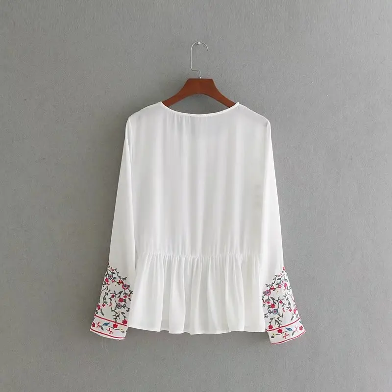 Женская винтажная национальная Цветочная английская блузка с вышивкой о-образный вырез blusas Повседневная тонкая Офисная Женская Деловая блузка LS1436