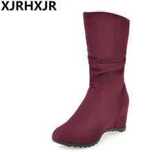 XJRHXJR Mulheres Meados de Bezerro Botas de Salto Alto Mulher Dedo Do Pé Redondo Saltos escondidos Sapatos de Boa Qualidade Metade Curto Botas Feminina Tamanho 34-43