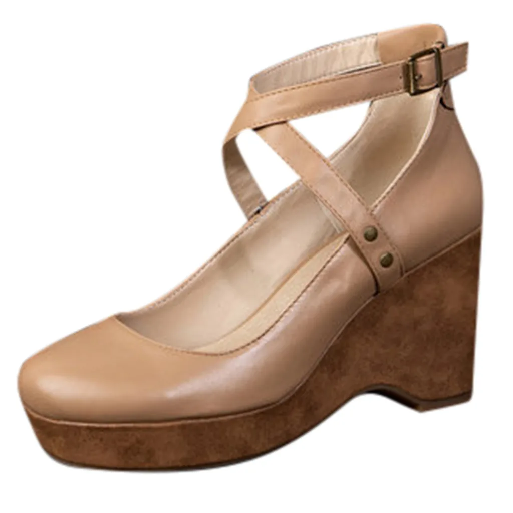 

Womens Fashion Flat Wedges Round Closed Toe Buckle Cross Strap Ankle Thick Bottom Roman Sandals Retro Smooth Wooden High Heels