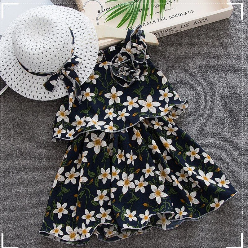 

Chiffon Dresses For Girls Baby Girls Summer Clothes Sleeveless Floral Print Dress V-neck Girls Clothes Sets girls beach dress