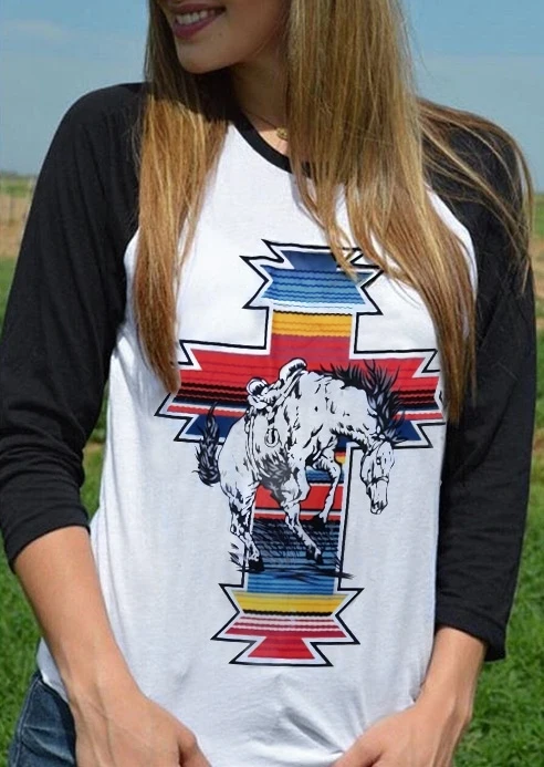 

Spring Summer Fashion Women T-Shirt 3/4 Sleeve Raglan Sleeve Female t shirt Cross Horse O-Neck Baseball T-Shirt Ladies Tops Tee