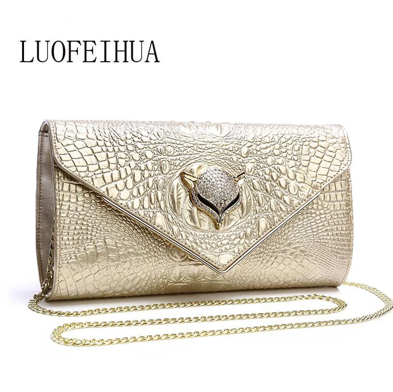 

LUOFEIHUA 2019 new leather clutch bag Fox headdress evening bags European and American fashion crocodile shoulder shoulder bag