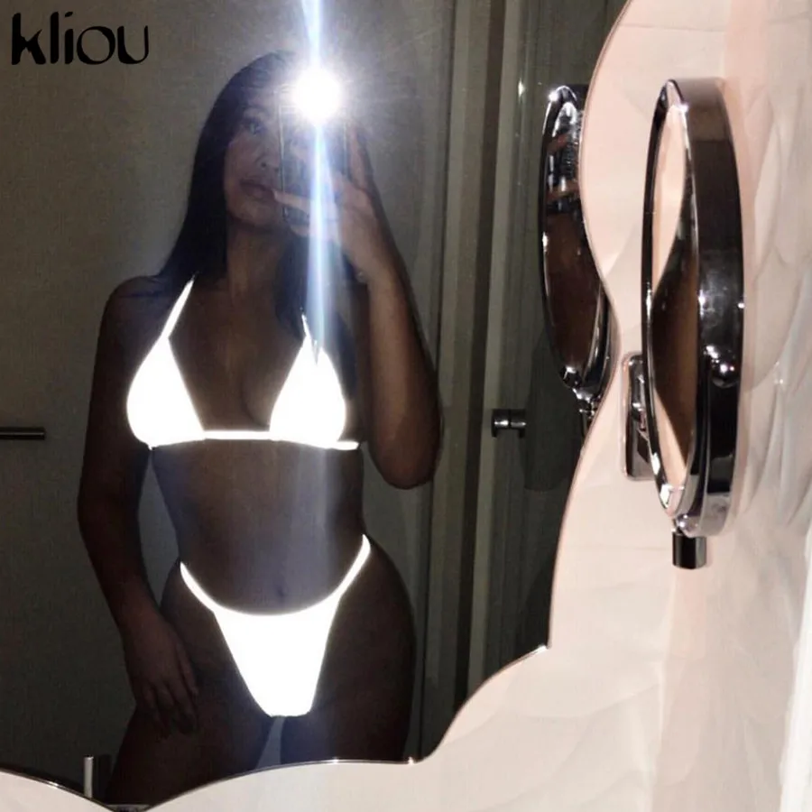 

Kliou 2018 sexy Reflective 2 pieces Bra & Brief Sets women strap lace up top bra underwear sexy strap underpants two pieces sets