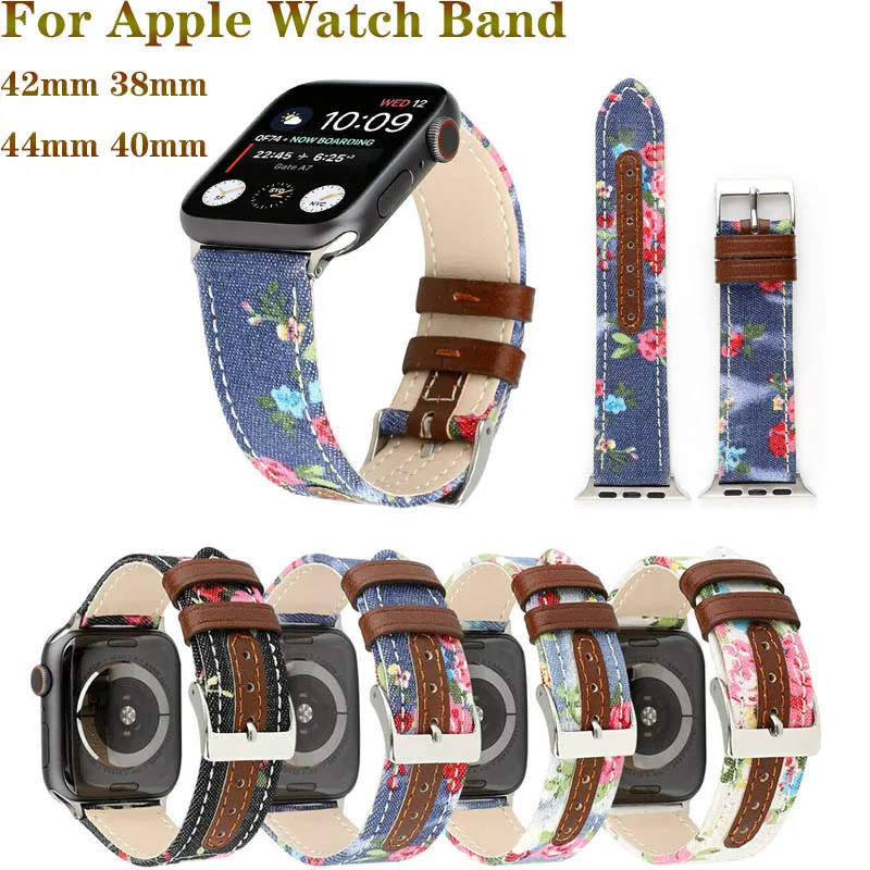 

High quality Leather loop Strap for Apple Watch band 4 44/40mm Denim Floral Printed Sports band for iWatch series 3 2 1 42/38mm