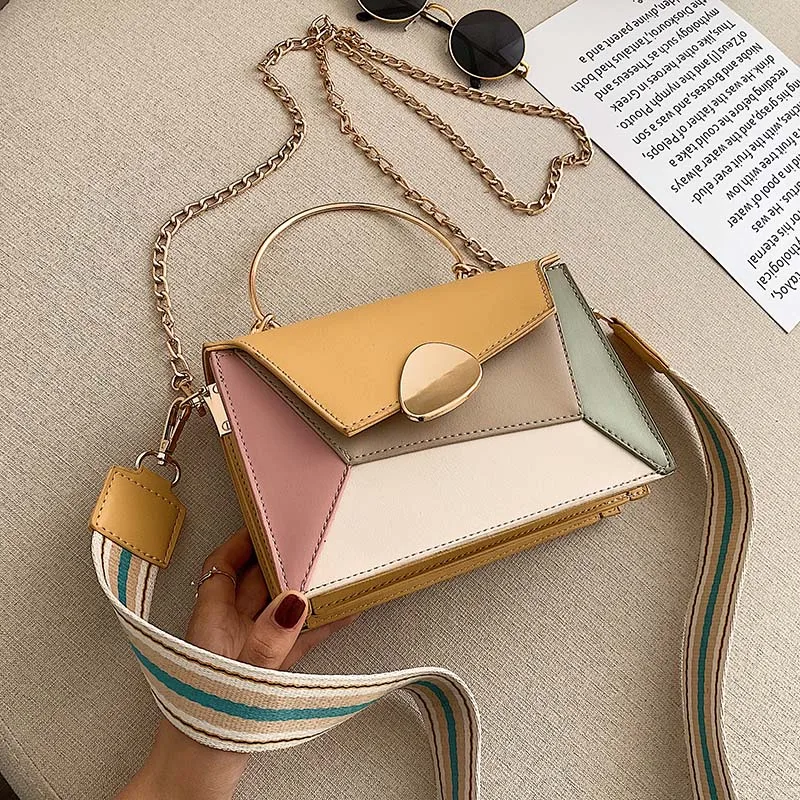  Contrast Color PU Leather Crossbody Bags For Women 2019 Chain Handbags with Metal Handle Shoulder M - 33051286061