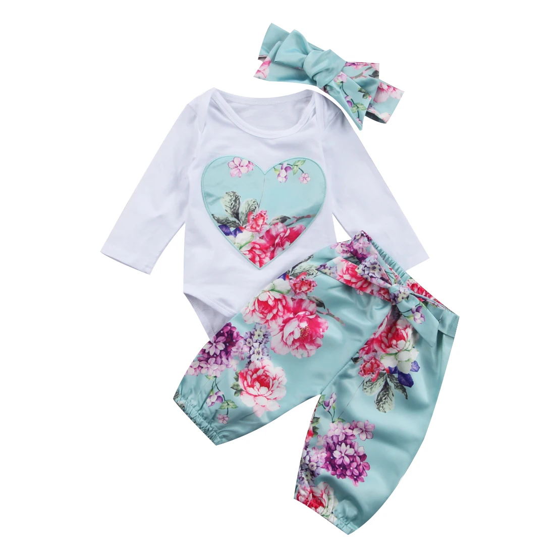 Комплект одежды для новорожденных девочек, Детский комбинезон с длинными рукавами и цветочным принтом для девочек и длинные штаны с принтом комплект детской одежды из 3 предметов - Цвет: Небесно-голубой