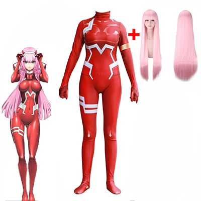 Горячая Zero Two Darling in the Franxx Косплей D Goes аниме 3D Печатный комбинезон Zentai костюм Облегающий комбинезон парик костюм на Хэллоуин - Цвет: 2pcs jumpsuit wig