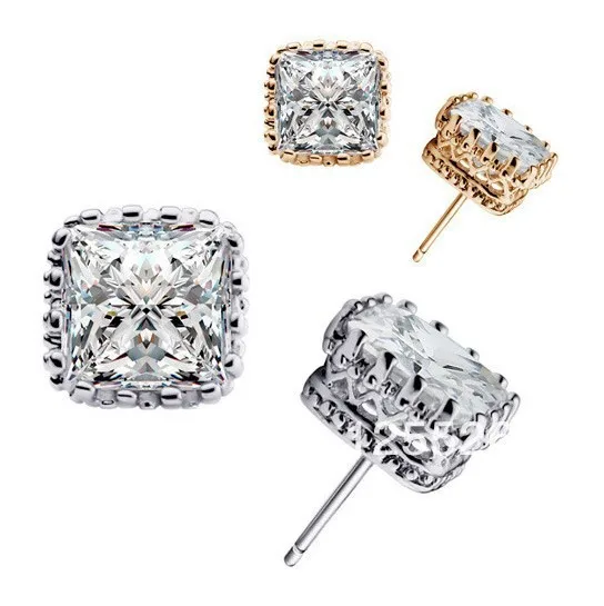 Antique Jewelry Deluxe 10KT Gold Filled Square Cut Cubic Zirconia Diamonique Crown Set Stud Earrings