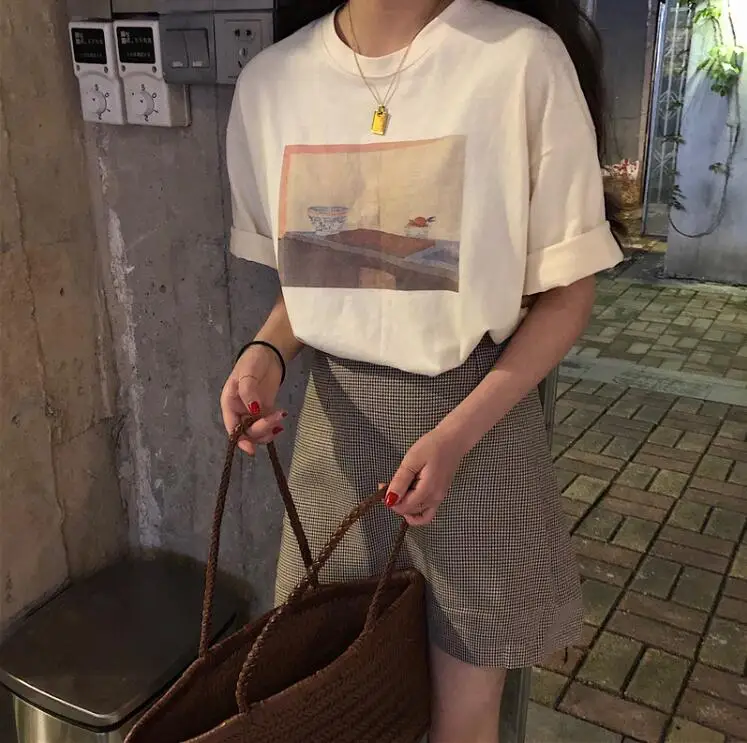 

Korean retro print round neck loose Harajuku short sleeve t-shirt