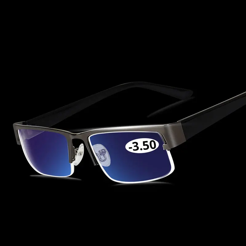 Очки из нержавеющей стали для близорукости, для компьютера, мужские очки, прозрачные линзы, очки, анти-синий луч, оправа для очков-4,5-5,0-5,5-6,0 - Цвет оправы: Gunmetal -350