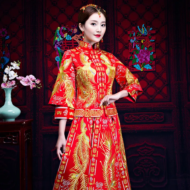 Chinese Traditional Dress Red Long Sleeve Cheongsam Embroidery Qipao Oriental Dresses Wedding Invit - 32868403991