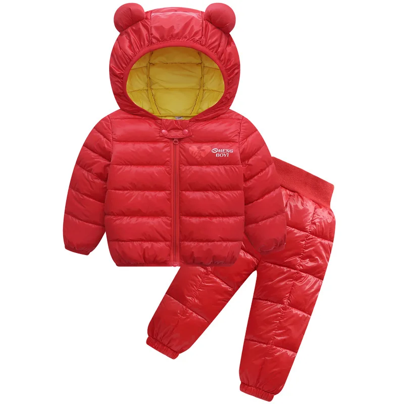 Одежда для малышей осенне-зимние теплые комплекты, куртка с капюшоном+ штаны Детские Пуховые хлопковые костюмы из 2 предметов для мальчиков и девочек детская утепленная одежда От 1 до 5 лет - Цвет: Красный
