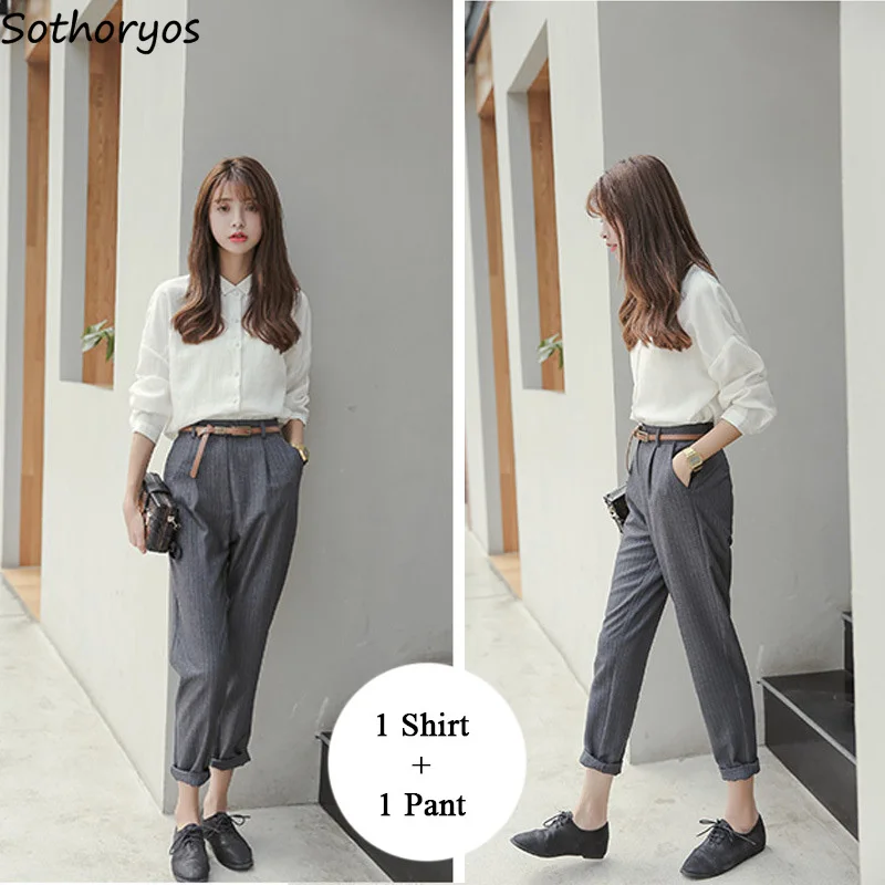 

Women Sets Solid All-match Loose Square Collar Shirts Womens Ankle-length Retro High Quality Trousers 2 Pieces Set Daily Chic