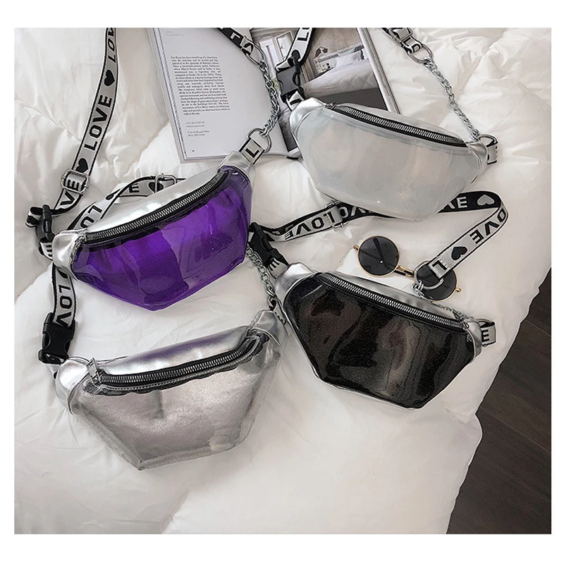 

Fashion Clear Waist Bag For Women Summer Hot Sell Chain Purple Black Transparent Fanny Packs Female Small Chest Belt Bag 188