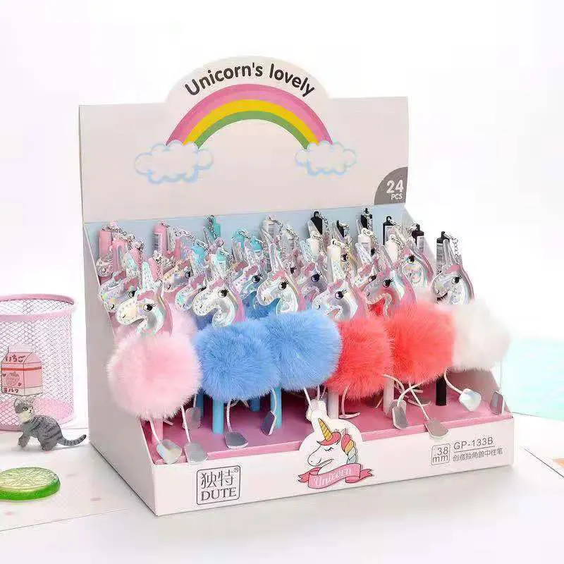 

24 Pcs Gel Pens Cartoon Pendant Hair Unicorn Black Colored Gel-inkpens for Writing Cute Stationery Office School Supplies