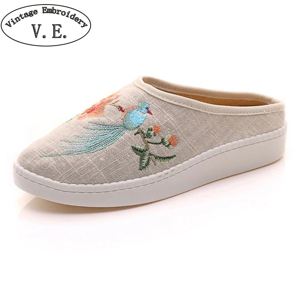 

Chinese Women Slippers Birds Floral Embroidered Linen Slippers Soft Home Floor Fabric Casual Sandals Shoes Woman Zapatillas