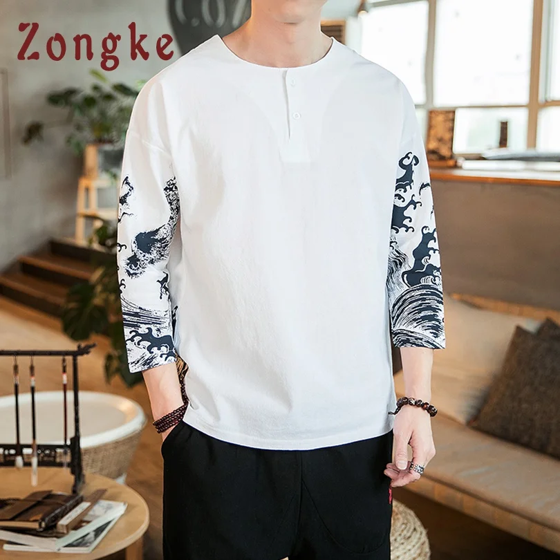 Zongke китайский стиль льняные футболки мужская футболка веселое Harajuku футболки мужская одежда с коротким рукавом летний топ 5XL