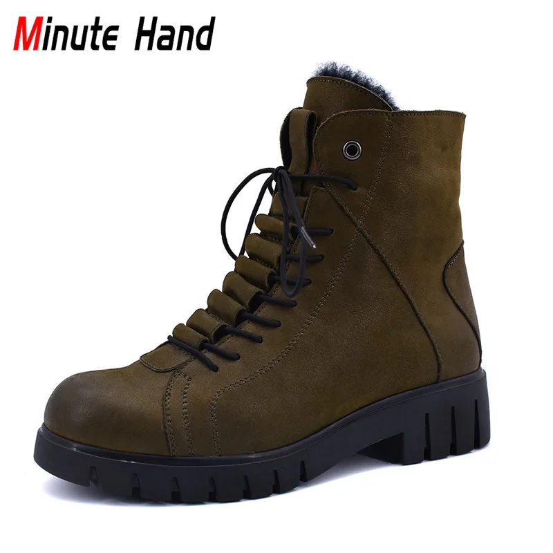 

Minute Hand Fashion Winter Thick Wool Leather Ankle Boots Women Lace Up Side Zip Soft Square Low Heels Work Boots Big Size 33-41