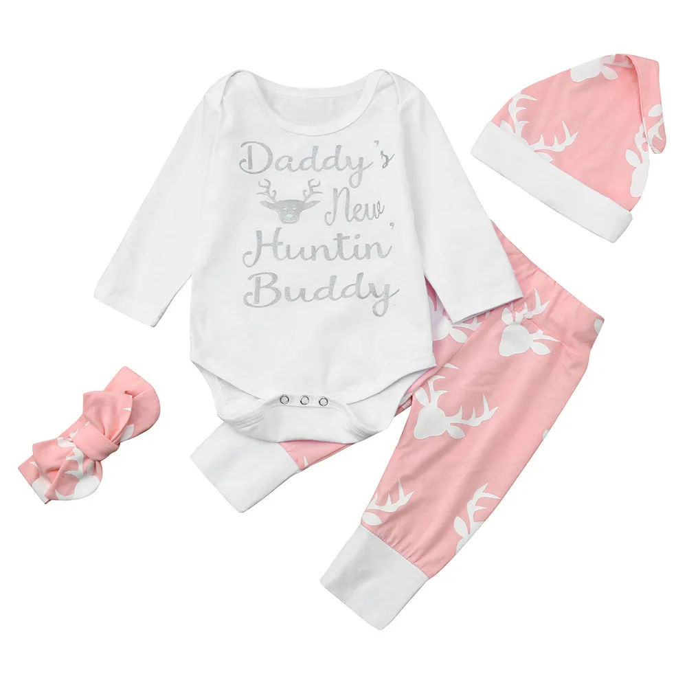 Newborn Infant Baby Girl Letter Romper Tops+Deer Pants Hat 4pcs Clothes Set winter warm baby girl clothes 4Pcs Sweatsuit