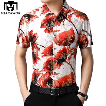 

MIACAWOR New Casual Shirt Men Floral Print Summer Short Sleeve Men Shirts Slim Fit Chemise Homme Streetwear Clothing C459