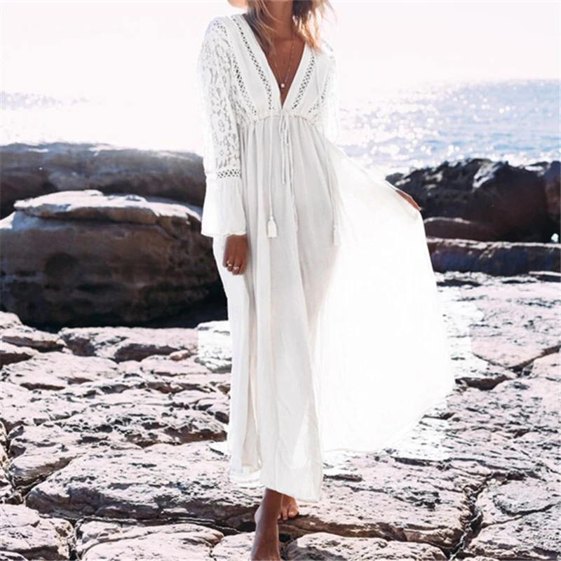 Kaftan Beach vestido largo traje de baño túnica para la Playa vestido blanco ropa de Playa cubre Robe Crochet Playa| | AliExpress