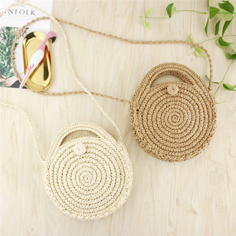 2019 جديد الأزياء عطلة الشاطئ Crossbody أكياس جولة منسوجة يدويا الروطان دائرة للنساء سيدة الخيزران القش حقيبة