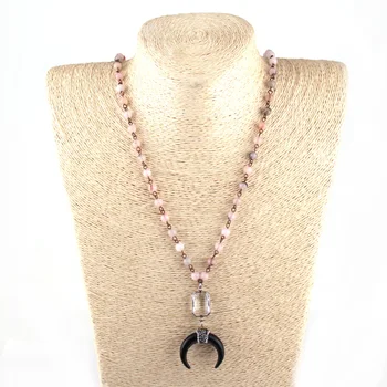 

MOODPC Fashion Bohemian Tribal Jewelry Pink Stone Rosary Chain White Crystal link black Ox Horn Pendant Ethnic Necklace