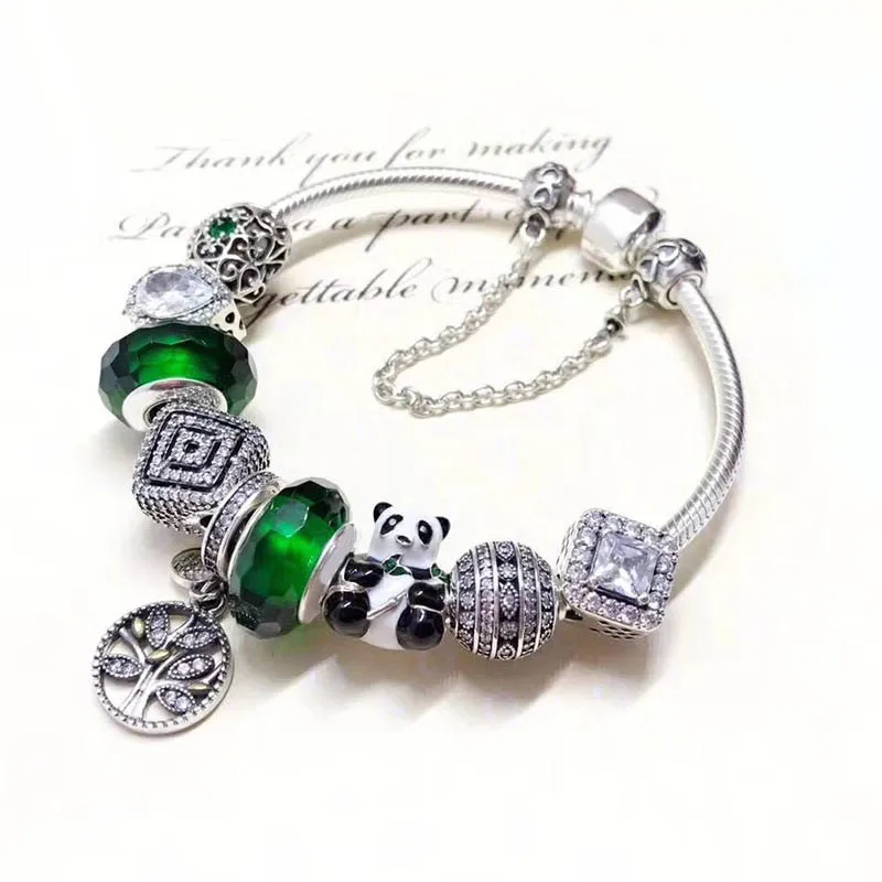 

100% 925 Sterling Silver Panda Charm Bracelets For Women Silver Jewelry Nice Quality Handmade Green Series Cute Elegant Bangle