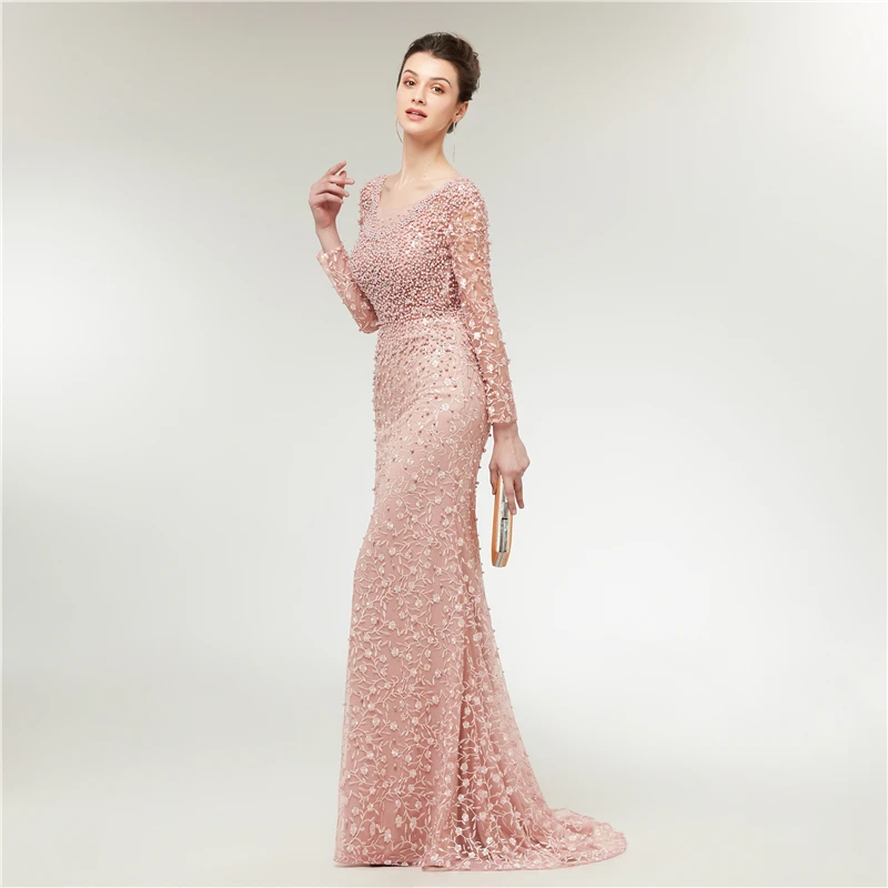 Robe de soiree, роскошное кружевное вечернее платье, Русалка, длинный рукав, аппликация жемчугом, серебряное, вечернее платье для выпускного вечера, abendkleider