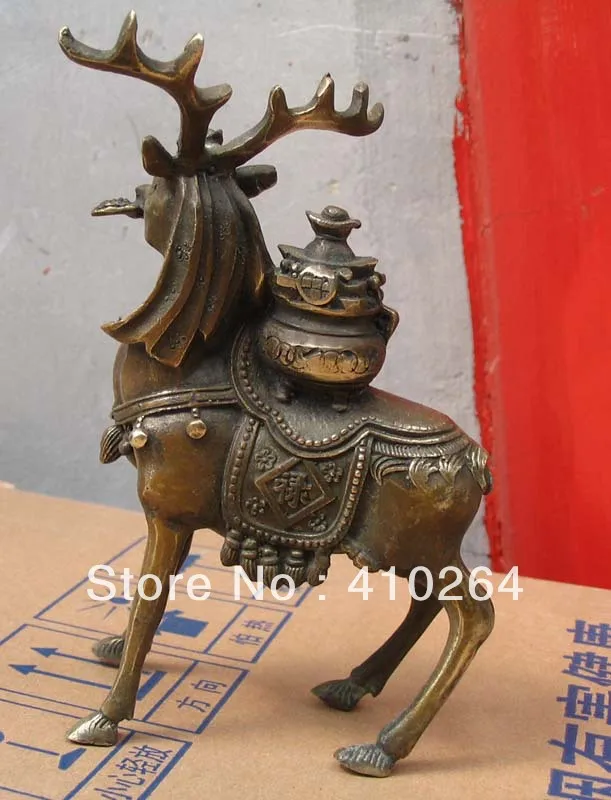 

0116P [old craft ] fast shipping china good luck Sika deer Gather treasure basin "FU" "LU" Bronze Statue (A0321)