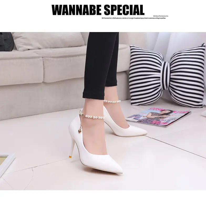 White Women Wedding Shoes Crystal Preal Ankle Strap Bridal Shoes Woman Dress Shoes Seay Pumps Sweet Party Shoes