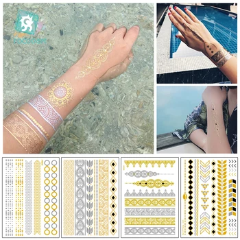 

Rocooart Large Gold Henna Tattoos Hands Bracelet India Mandala Flower Temporary Tattoo Mehndi Women Body Stickers Big Sexy Tatto
