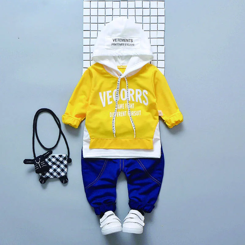 Children Four Seasons Concise Casual Long Sleeve Color-blocked Hooded T-shirts + Letter Printed Long Pants 2pcs Unisex Set