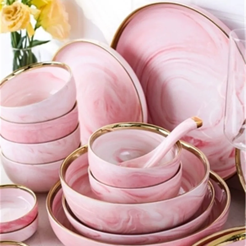 KINGLANG розовый Пномпень мраморный керамический набор столовых приборов простой бытовой набор посуды