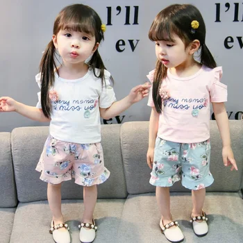 

Children Girls Clothes Casual Summer Letter Print Short Sleeve T-shirt+Floral Shorts Suits 2Pcs Costume Set Fashion