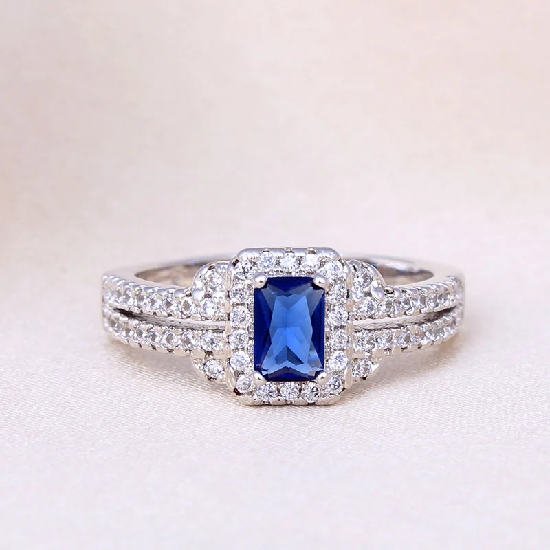 

silver plated ring for women wedding party gift fashion jewelry full zircon blue ring wholesale drop shipping