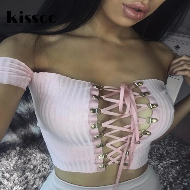 

KISSCC Summer Cross Straps Short Tops Off The Shoulder Sexy Bodycon Slash Neck Hollow Out T-shirt Low Cut Fashion Tee Shirts
