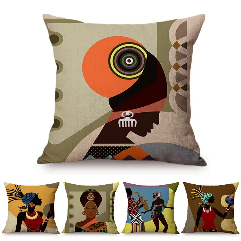 18/"Cartoon Fashion African Woman Lady Cushion Covers Linen Throw Pillow Case
