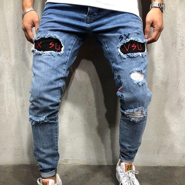 

Fashion Letter Embroidery Jeans for Men Distressed Holes Skinny Denim Mens Stretch Pencil Pants Slim Fit Pantalon Homme Trousers
