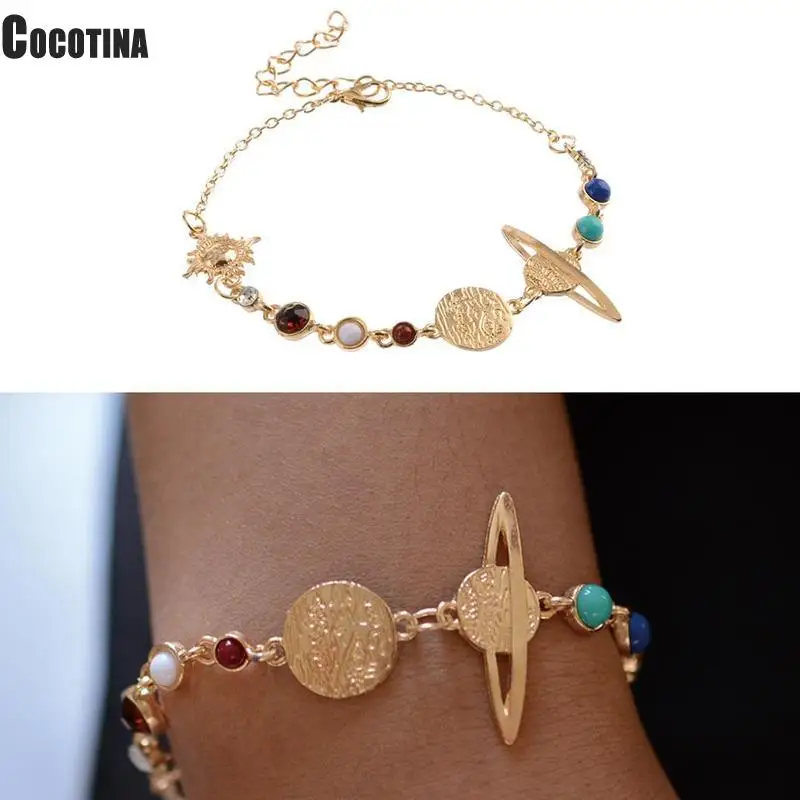 

Eight Planets Universe Bead Bracelet Gold Solar System Moon Earth Bracelets for Women Vintage Wrist Leg Foot Bracelet 21+5cm