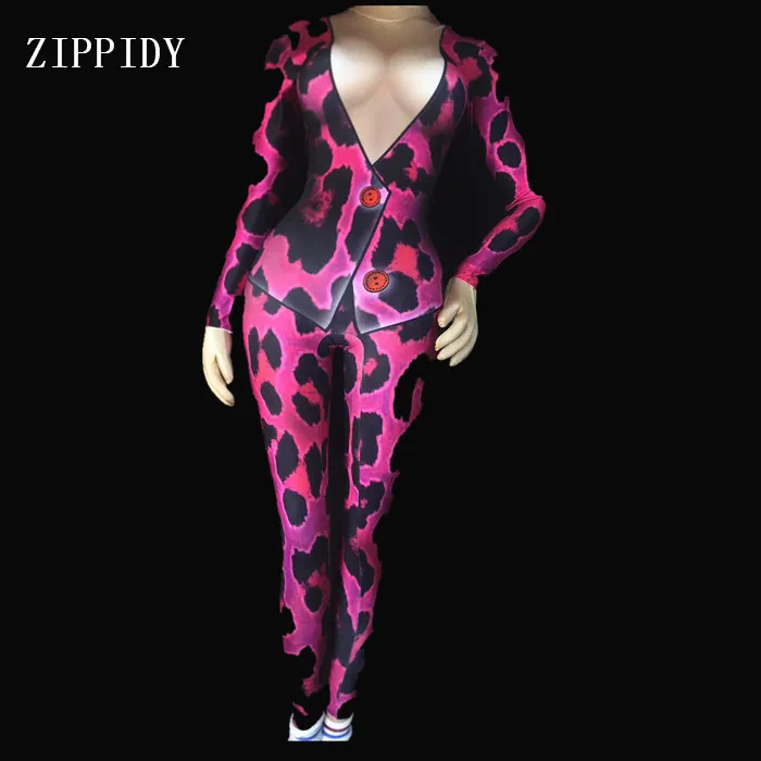 

3 Colors Rose Blue Green Leopard Printed Bodysuit Stage Sexy Outfit Female Singer Leggings One Piece Nightclub Costume