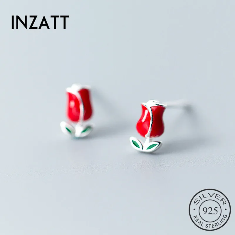 INZATT, настоящее 925 пробы, серебряные романтические серьги-гвоздики, Красная эмаль, роза, цветок для женщин, свадебные модные ювелирные изделия, милый ювелирный подарок