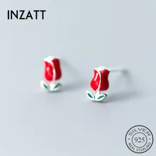 INZATT, настоящее 925 пробы, серебряные романтические серьги-гвоздики, Красная эмаль, роза, цветок для женщин, свадебные модные ювелирные изделия, милый ювелирный подарок